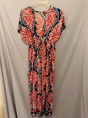 Source Unknown Red, Black & Blue Patterned Maxi Dress